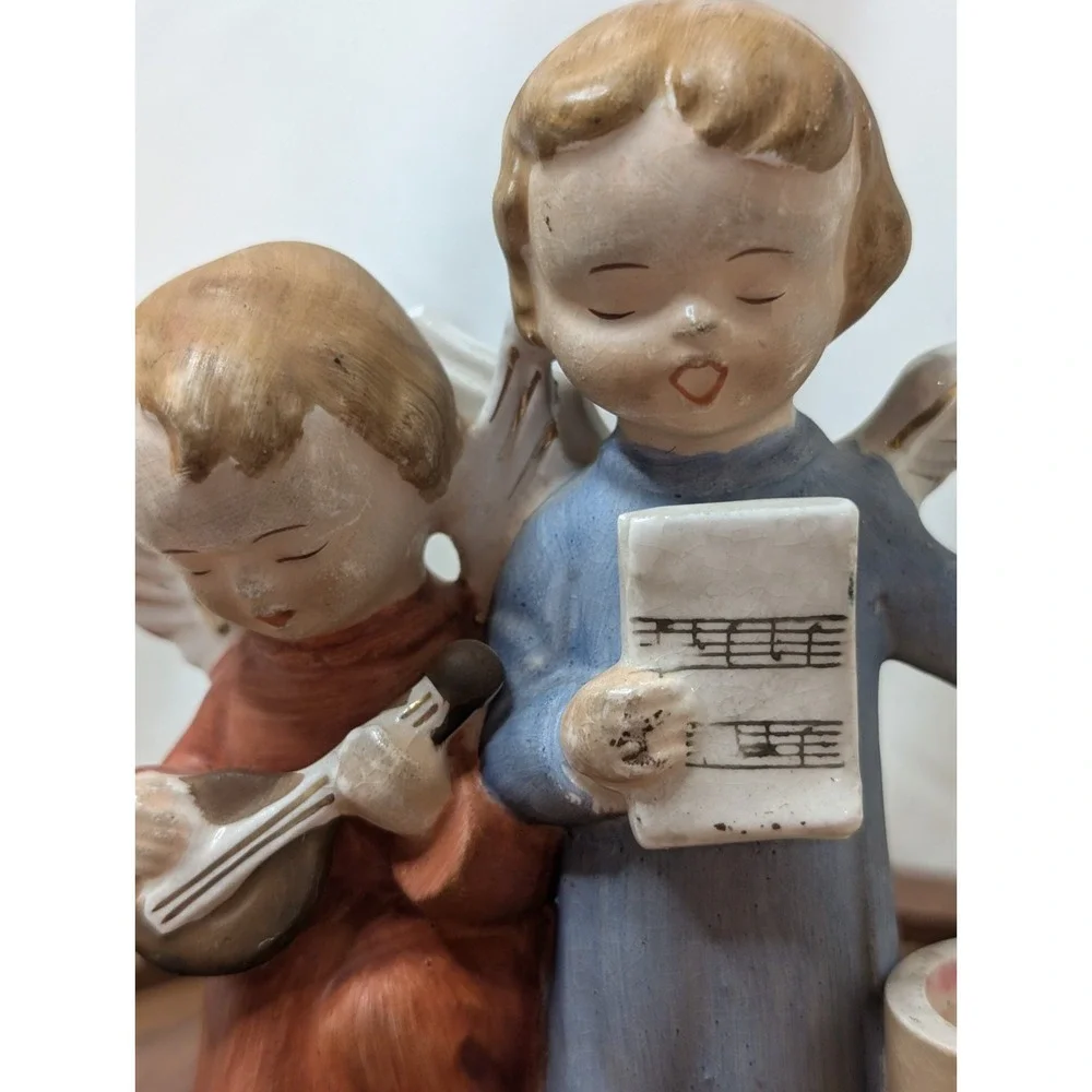 Vintage Pair Carol Singing Angels‎ Taper Candle Holder Made in Japan Instrument